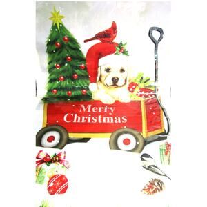 Blissful Yards Christmas Garden Flag 12x18 Inch Puppy in Red Wagon Holiday Decor